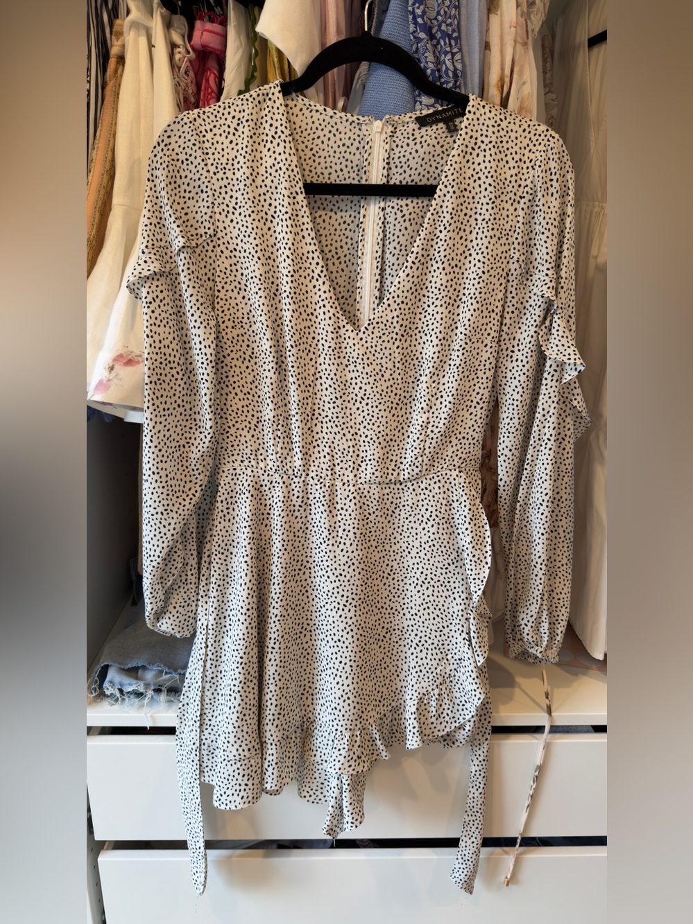 Dynamite White Polka Dot V-Neck Long Sleeve Romper